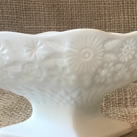 Vintage Milk Glass Floral Pedestal Bowl - Diamond Shape - Picture 2 of 6